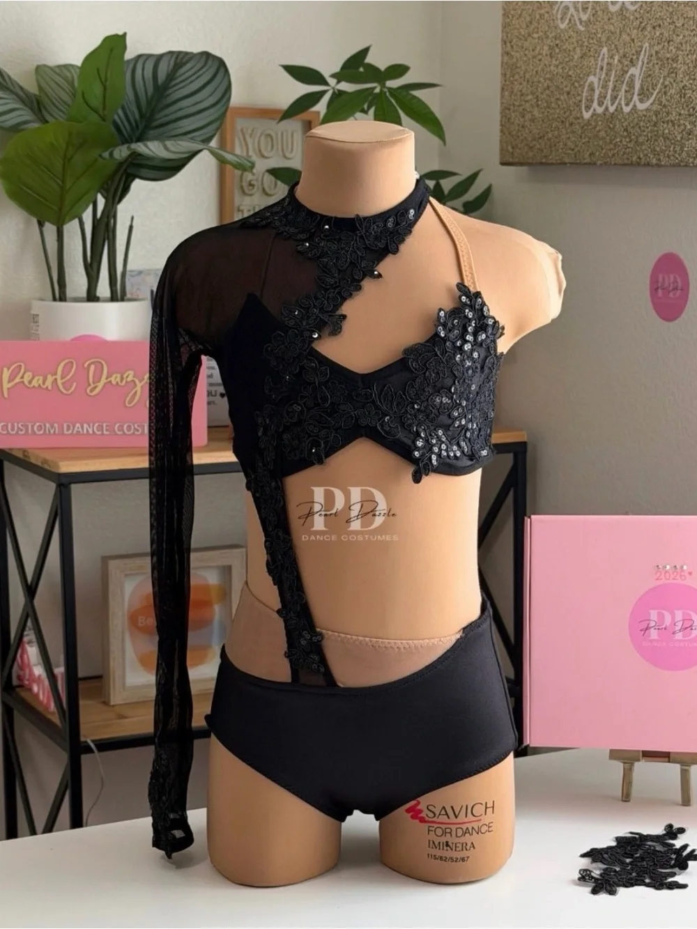 Pearl Dazzle Child dance Costume Lace Black Bra top & High-Waist Brief Set